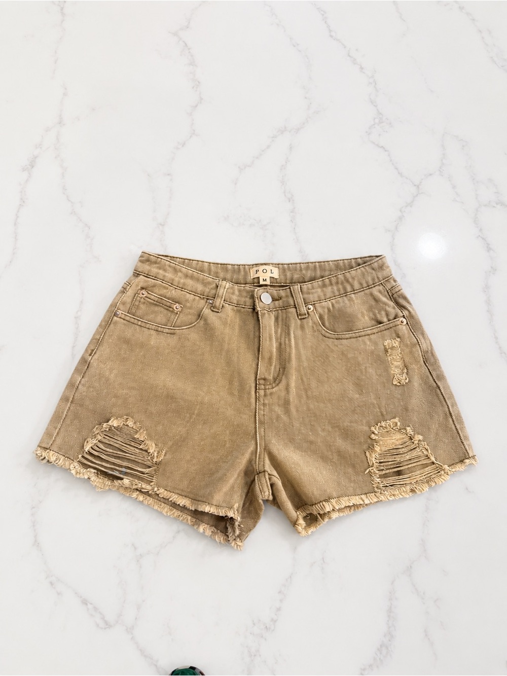 POL Distressed Denim Shorts Size Medium Olive Green Raw Hem
